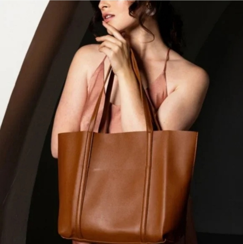Henny + Lev Dual Strap Vegan Leather Tote shoulder Bag cognac brown